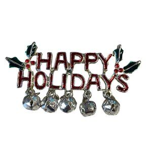 Vintage‎ "Happy Holidays" Enamel Brooch With Jingle Bells & Holly Accents